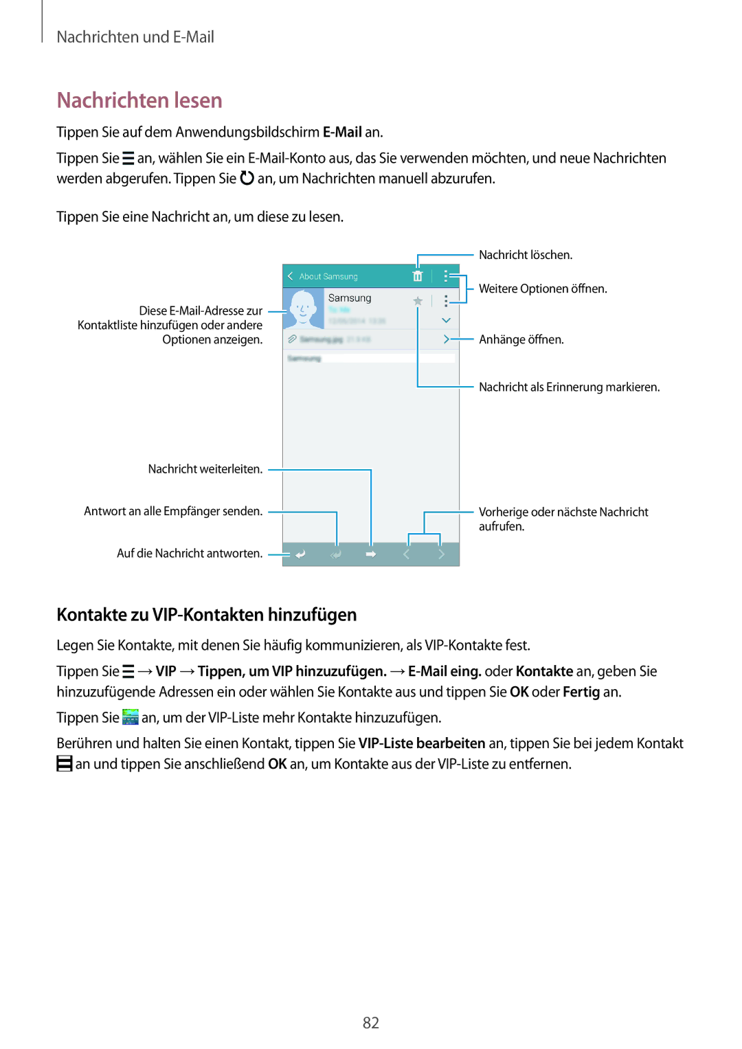 Samsung SM-G800FZKADBT, SM-G800FZWADBT manual Nachrichten lesen, Tippen Sie an, um der VIP-Liste mehr Kontakte hinzuzufügen 