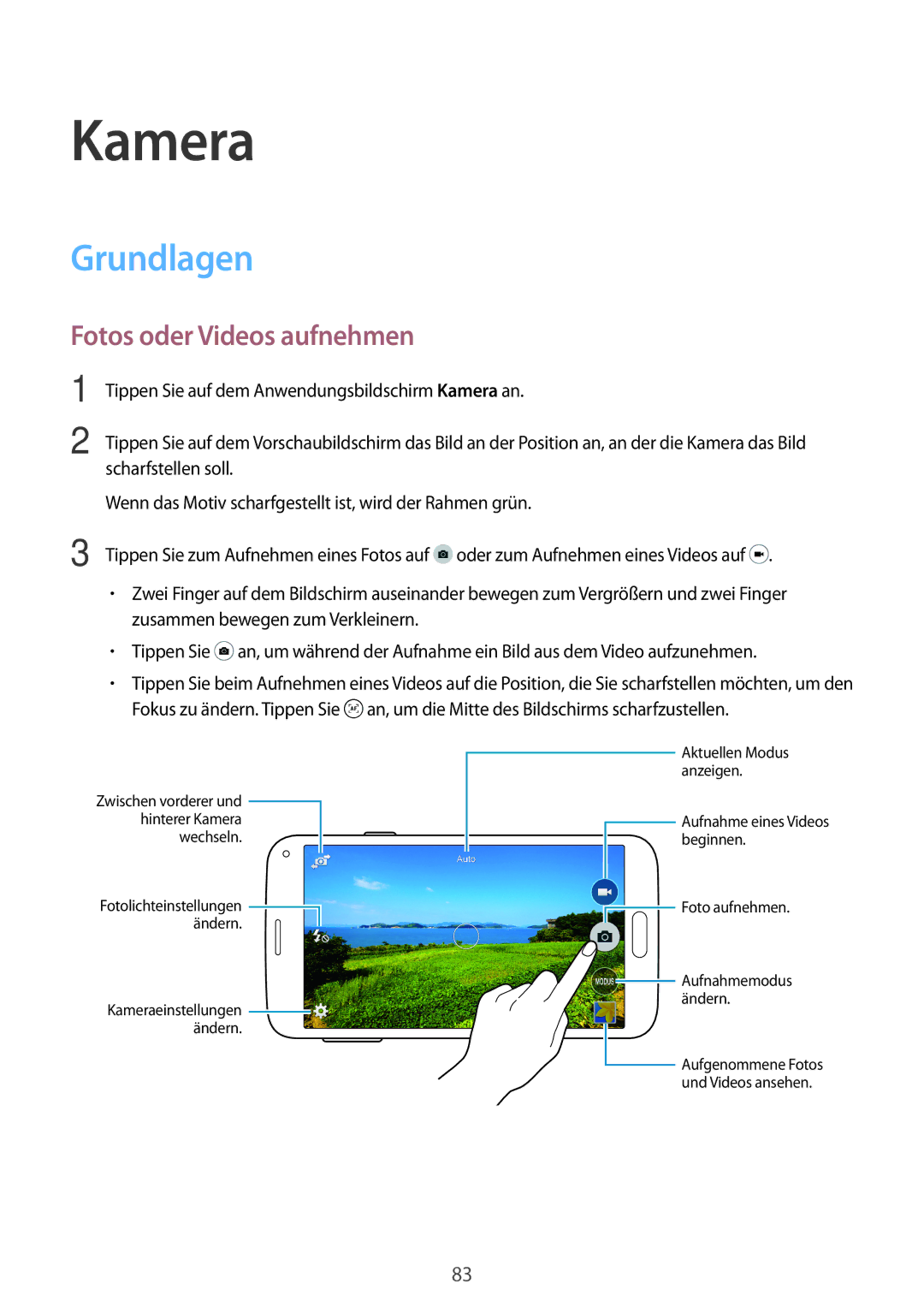 Samsung SM-G800FZBADBT, SM-G800FZWADBT, SM-G800FZDADBT, SM-G800FZKADBT manual Kamera, Grundlagen, Fotos oder Videos aufnehmen 