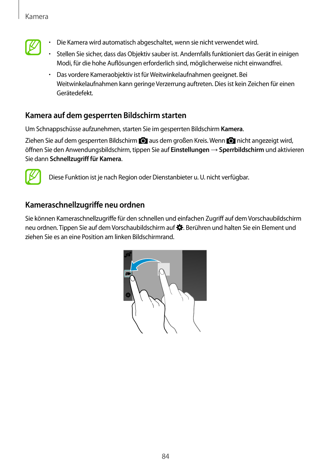 Samsung SM-G800FZWADBT, SM-G800FZDADBT manual Kamera auf dem gesperrten Bildschirm starten, Kameraschnellzugriffe neu ordnen 