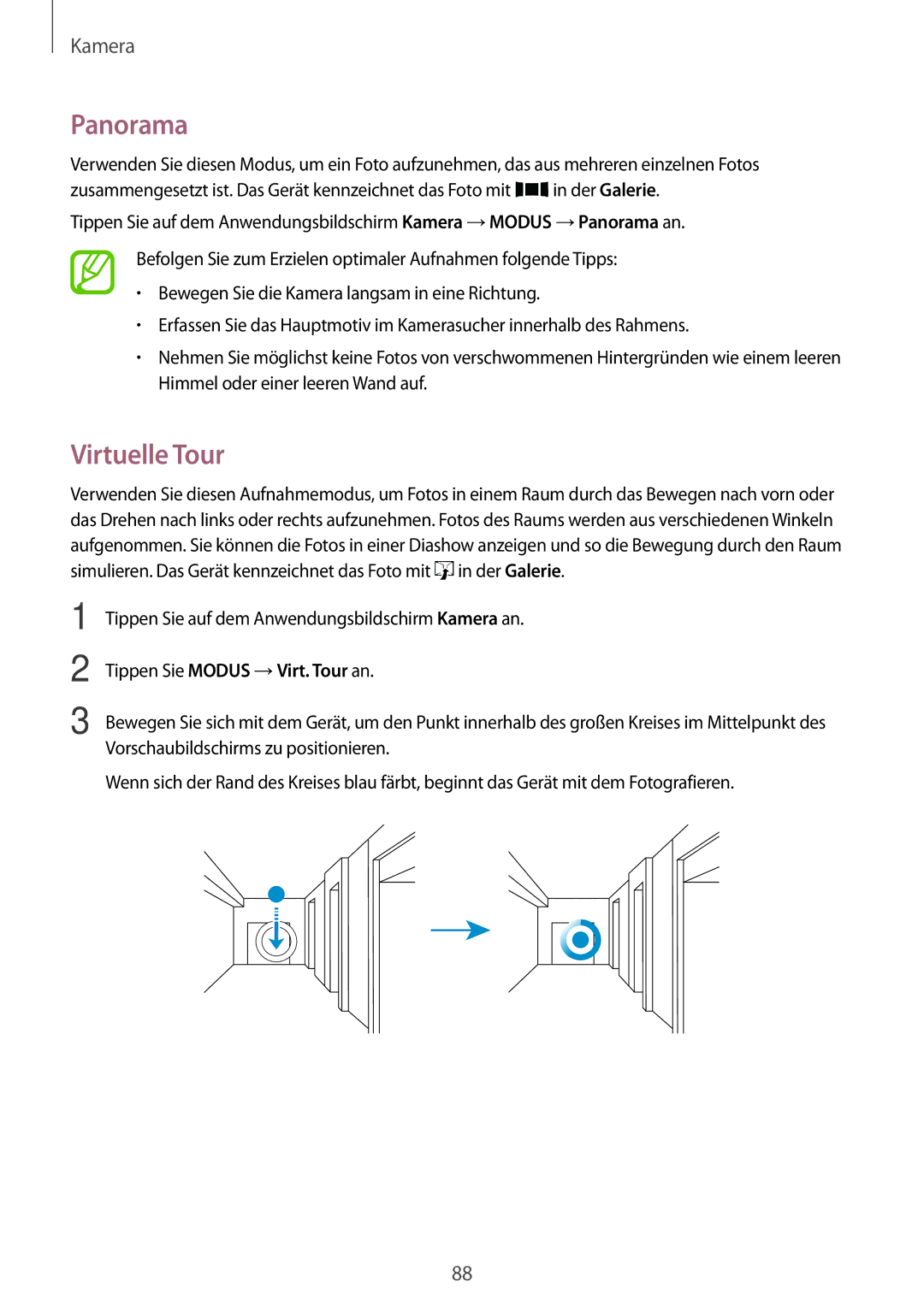 Samsung SM-G800FZWADBT, SM-G800FZDADBT, SM-G800FZKADBT manual Panorama, Virtuelle Tour, Tippen Sie Modus →Virt. Tour an 