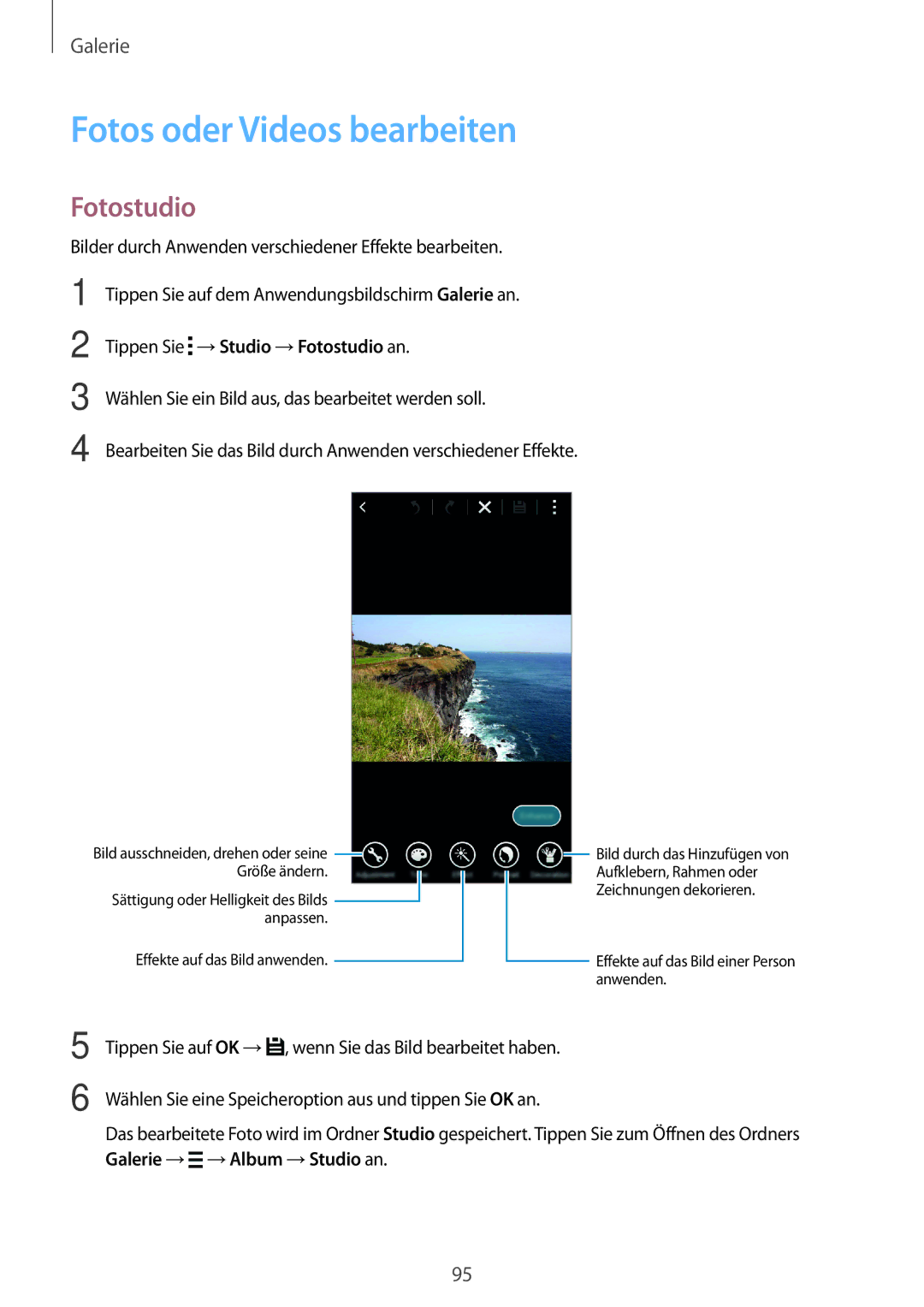 Samsung SM-G800FZBADBT, SM-G800FZWADBT, SM-G800FZDADBT, SM-G800FZKADBT manual Fotos oder Videos bearbeiten, Fotostudio 