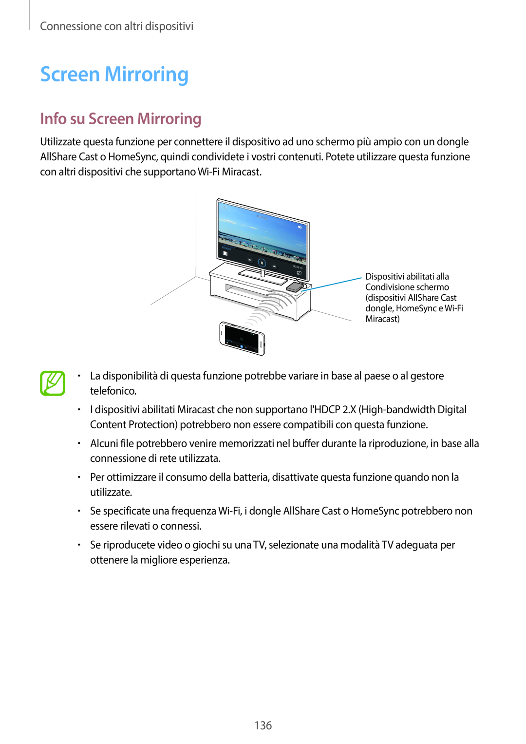 Samsung SM-G800FZKAAUT, SM-G800FZWADBT, SM-G800FZDADBT manual Info su Screen Mirroring, Connessione con altri dispositivi 
