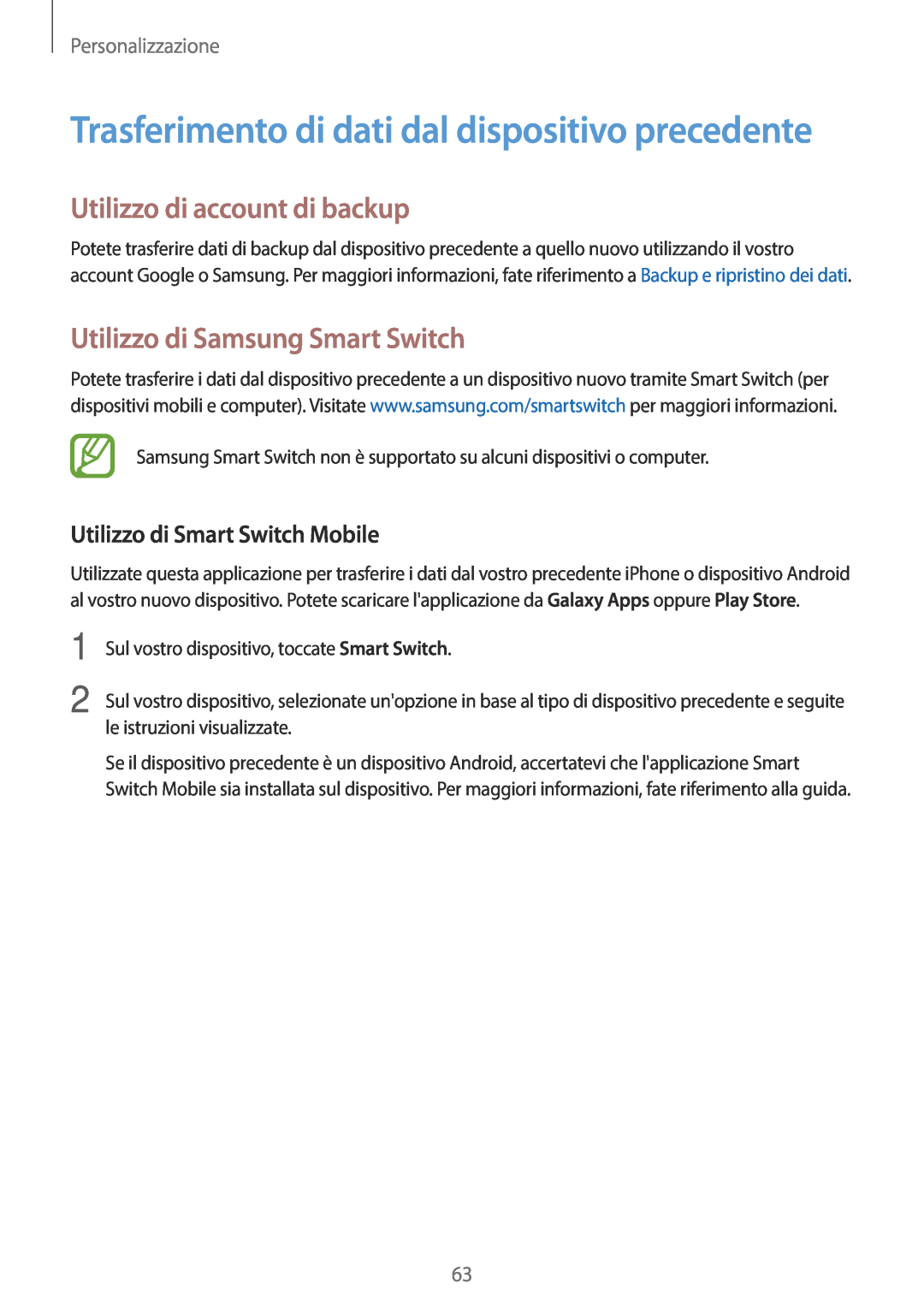 Samsung SM-G800FZKAVD2 Trasferimento di dati dal dispositivo precedente, Utilizzo di account di backup, Personalizzazione 
