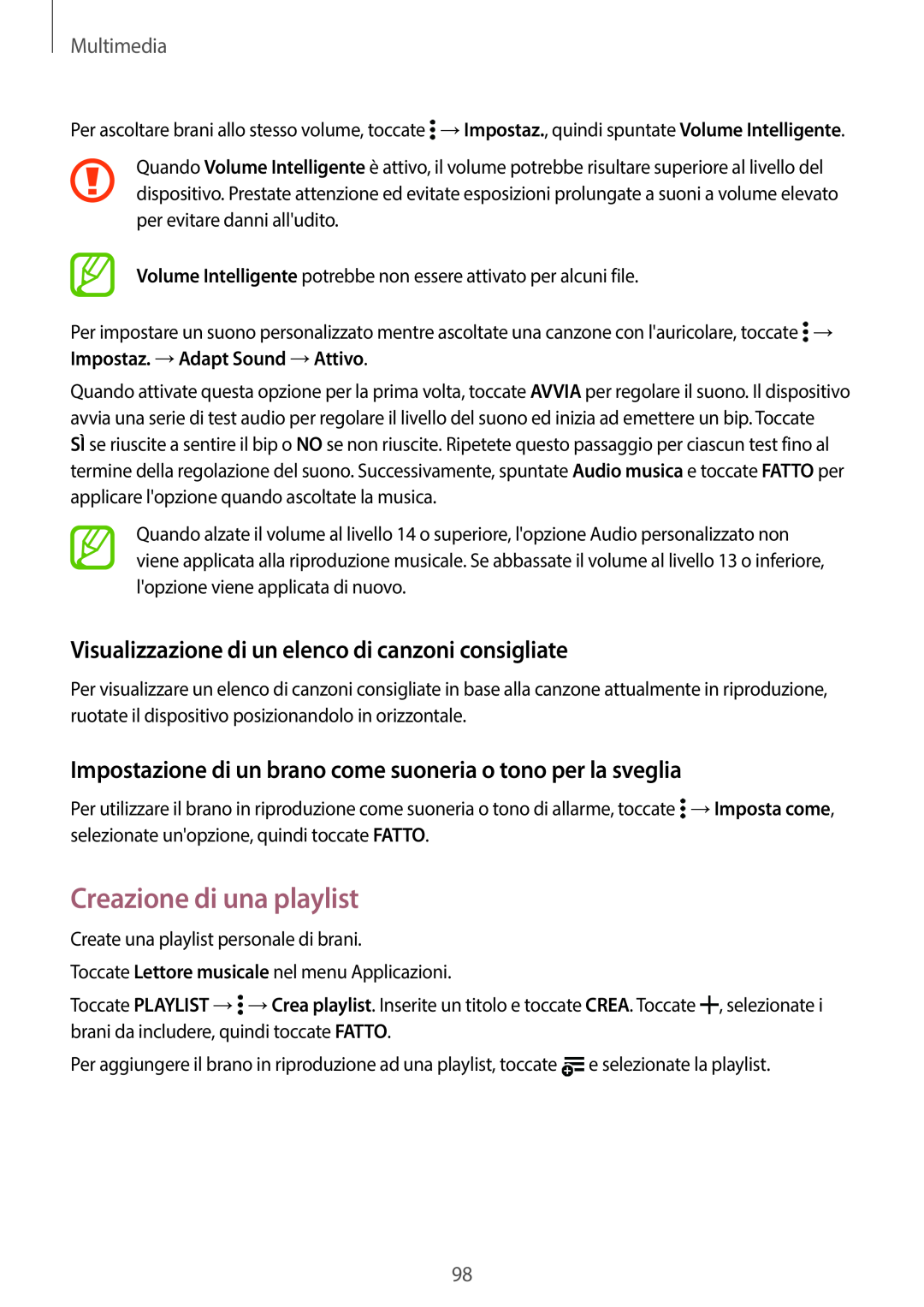 Samsung SM-G800FZKAXEO manual Creazione di una playlist, Visualizzazione di un elenco di canzoni consigliate, Multimedia 