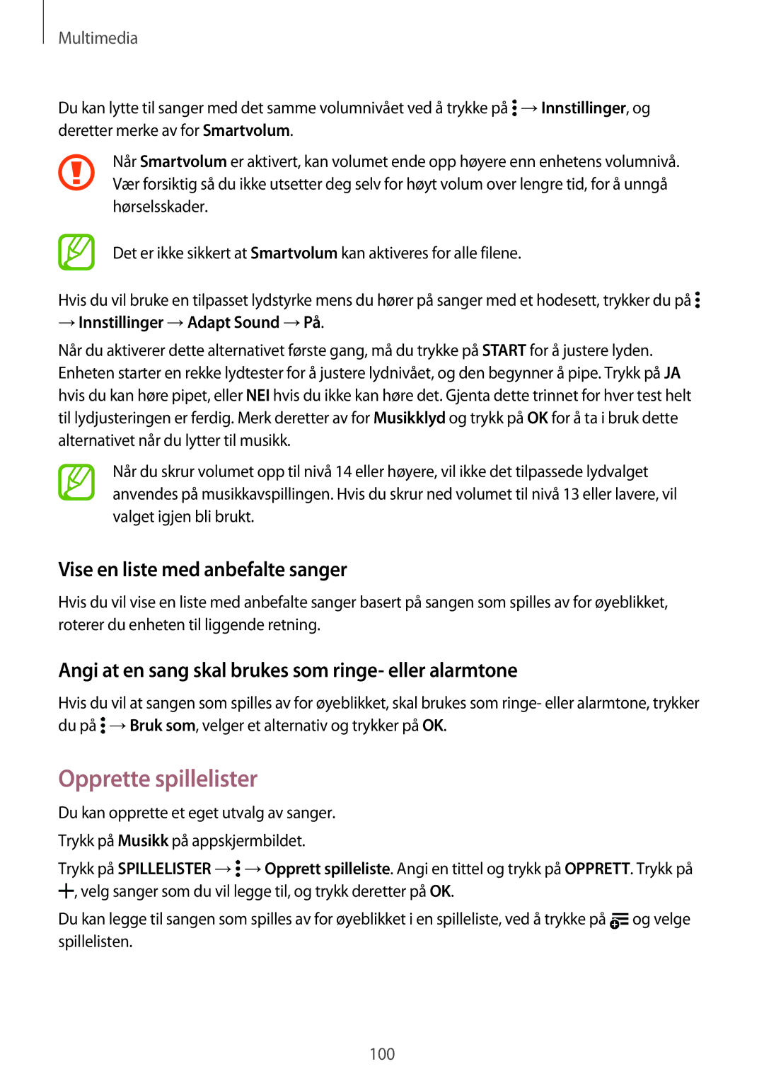 Samsung SM-G800FZWANEE manual Opprette spillelister, Vise en liste med anbefalte sanger, → Innstillinger →Adapt Sound →På 