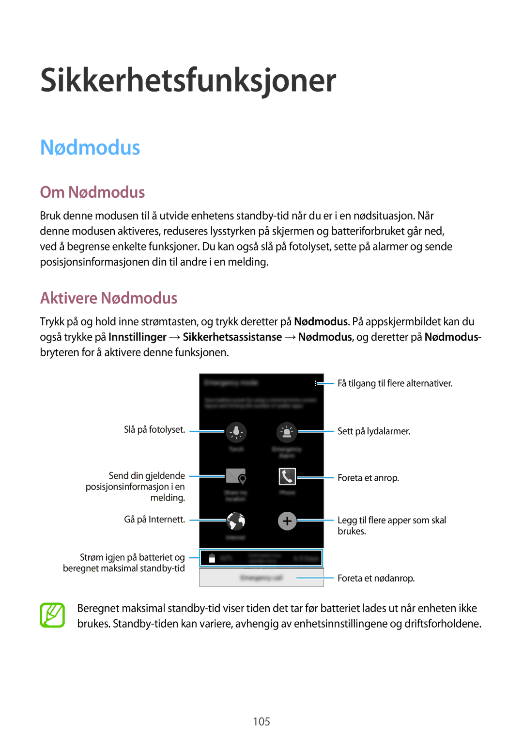 Samsung SM-G800FZWANEE, CG-G800FZKRNEE, SM-G800FZDANEE manual Sikkerhetsfunksjoner, Om Nødmodus, Aktivere Nødmodus 