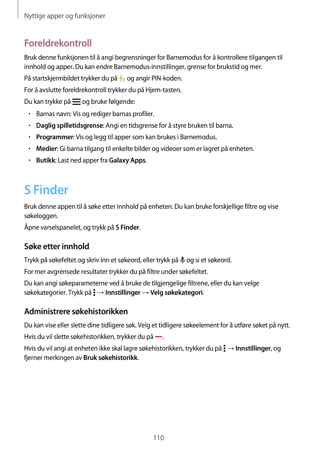 Samsung SM-G800FZWANEE, CG-G800FZKRNEE manual Finder, Foreldrekontroll, Søke etter innhold, Administrere søkehistorikken 