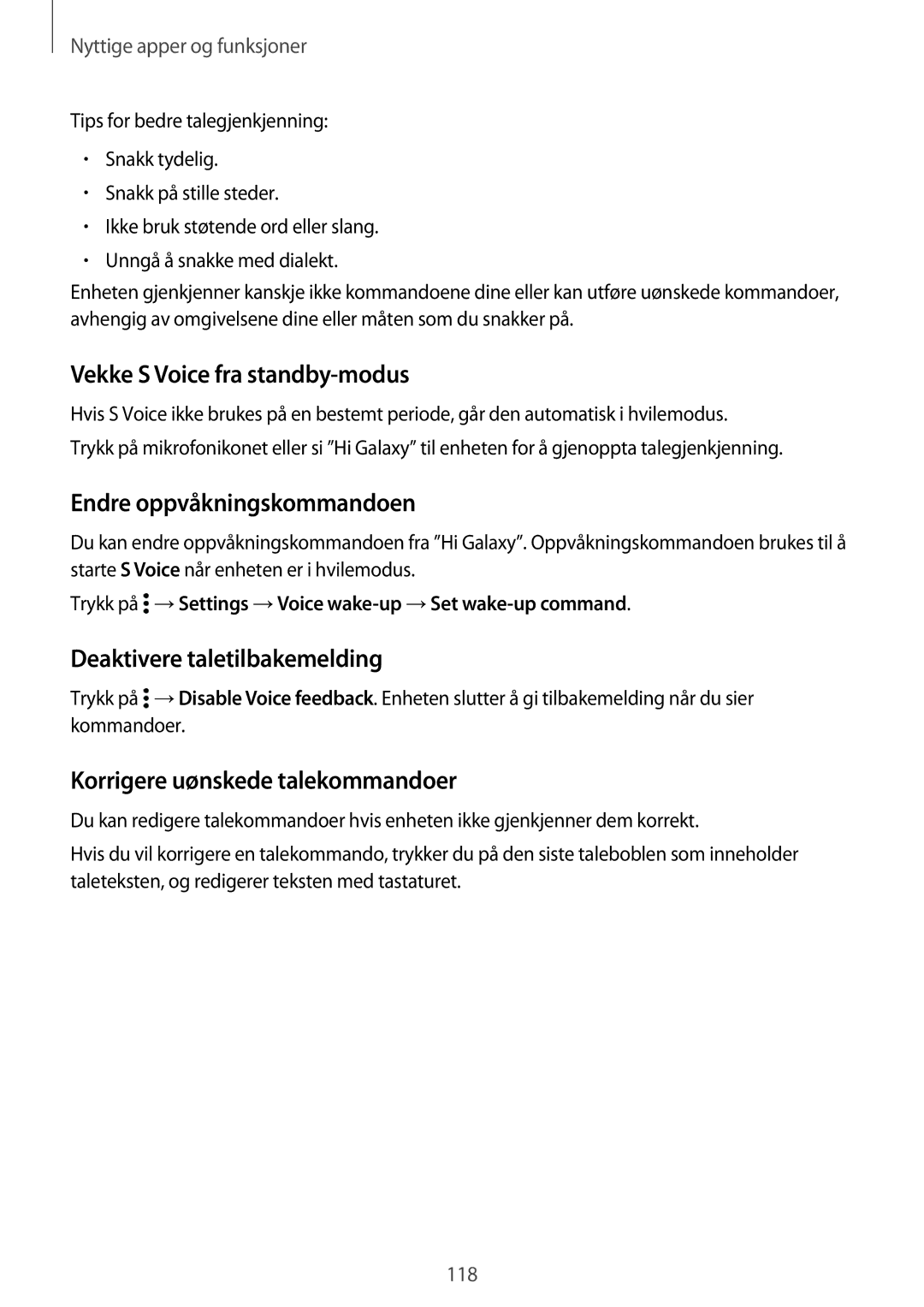 Samsung SM-G800FZKANEE manual Vekke S Voice fra standby-modus, Endre oppvåkningskommandoen, Deaktivere taletilbakemelding 