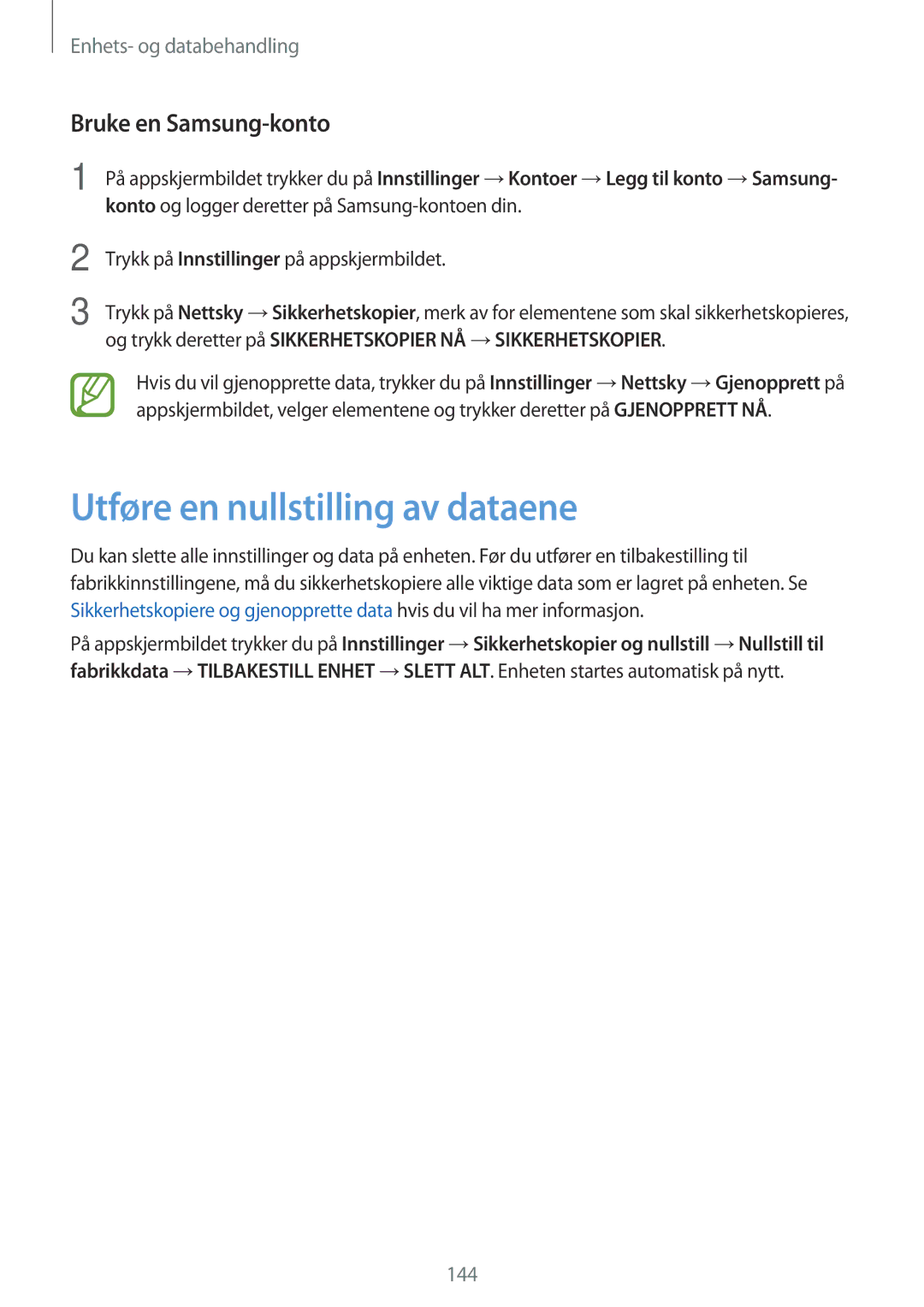 Samsung SM-G800FZBANEE, SM-G800FZWANEE, CG-G800FZKRNEE manual Utføre en nullstilling av dataene, Bruke en Samsung-konto 