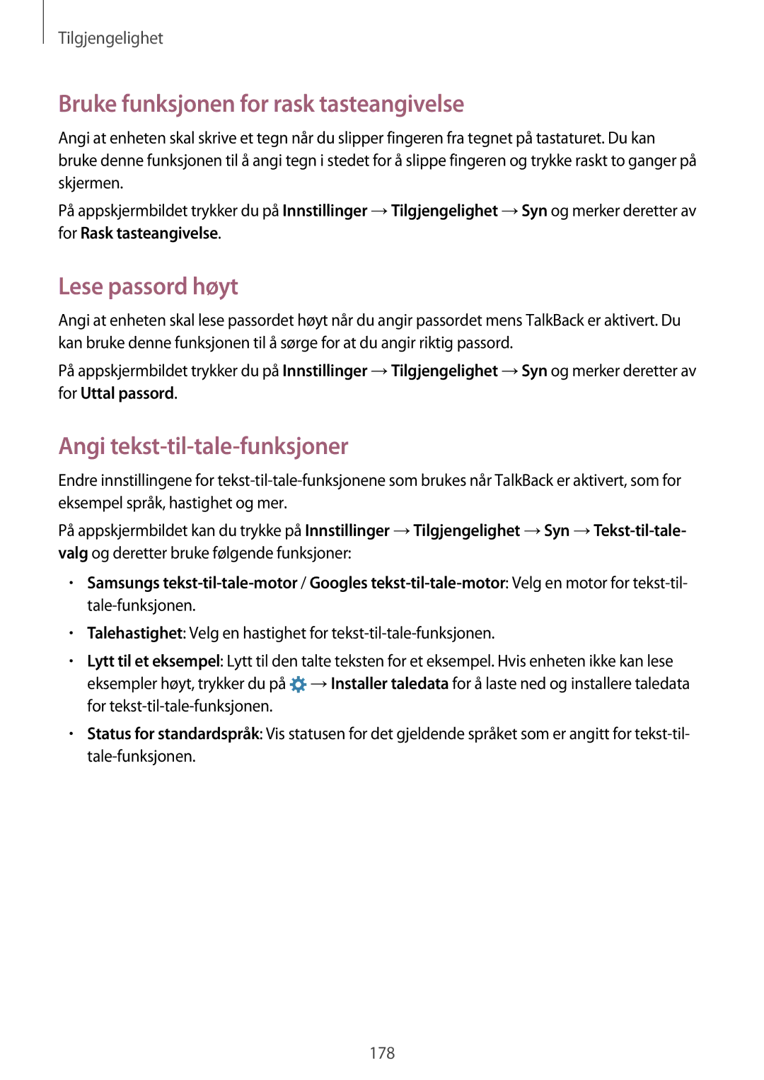 Samsung SM-G800FZKANEE manual Bruke funksjonen for rask tasteangivelse, Lese passord høyt, Angi tekst-til-tale-funksjoner 