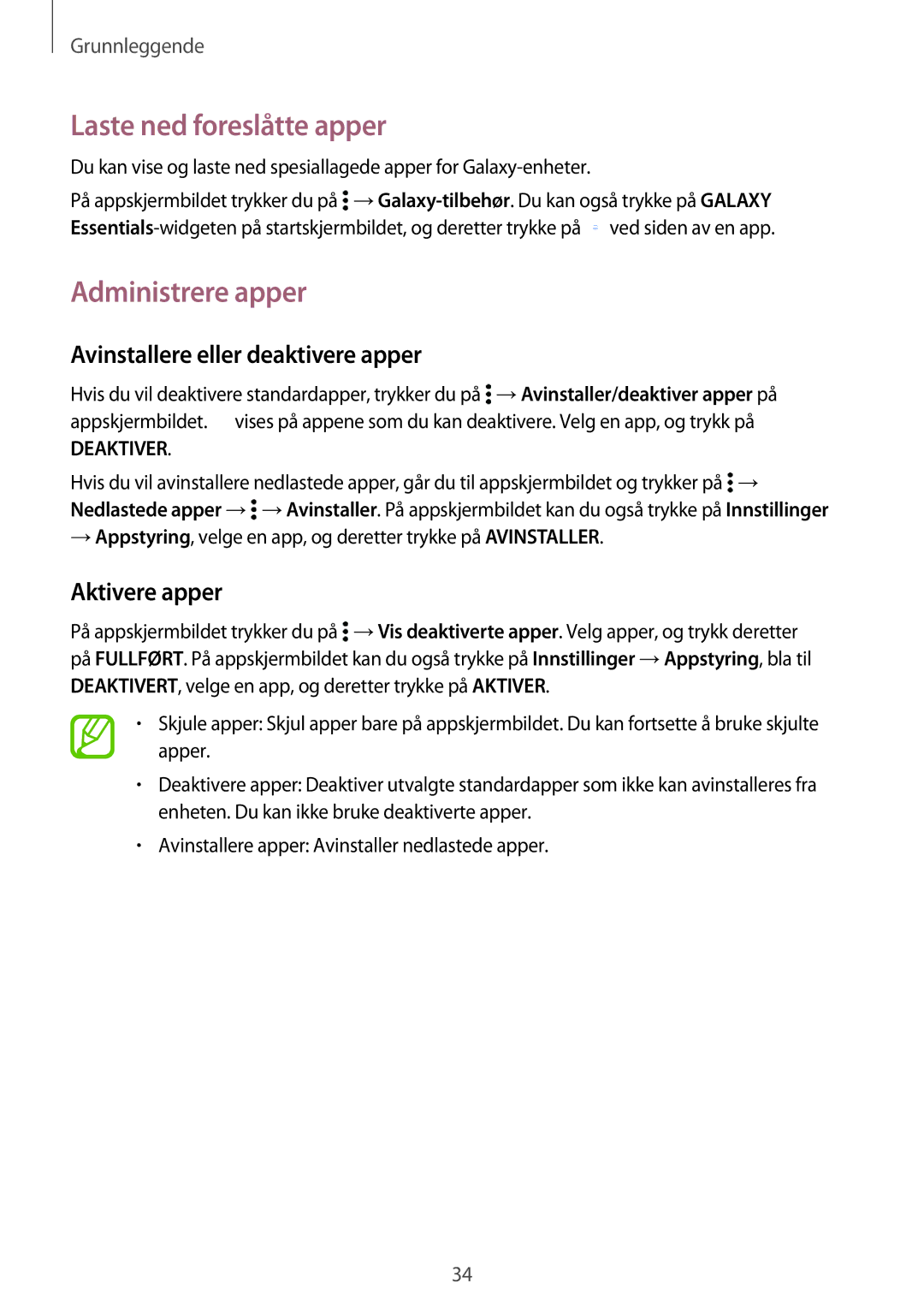 Samsung SM-G800FZBANEE Laste ned foreslåtte apper, Administrere apper, Avinstallere eller deaktivere apper, Aktivere apper 