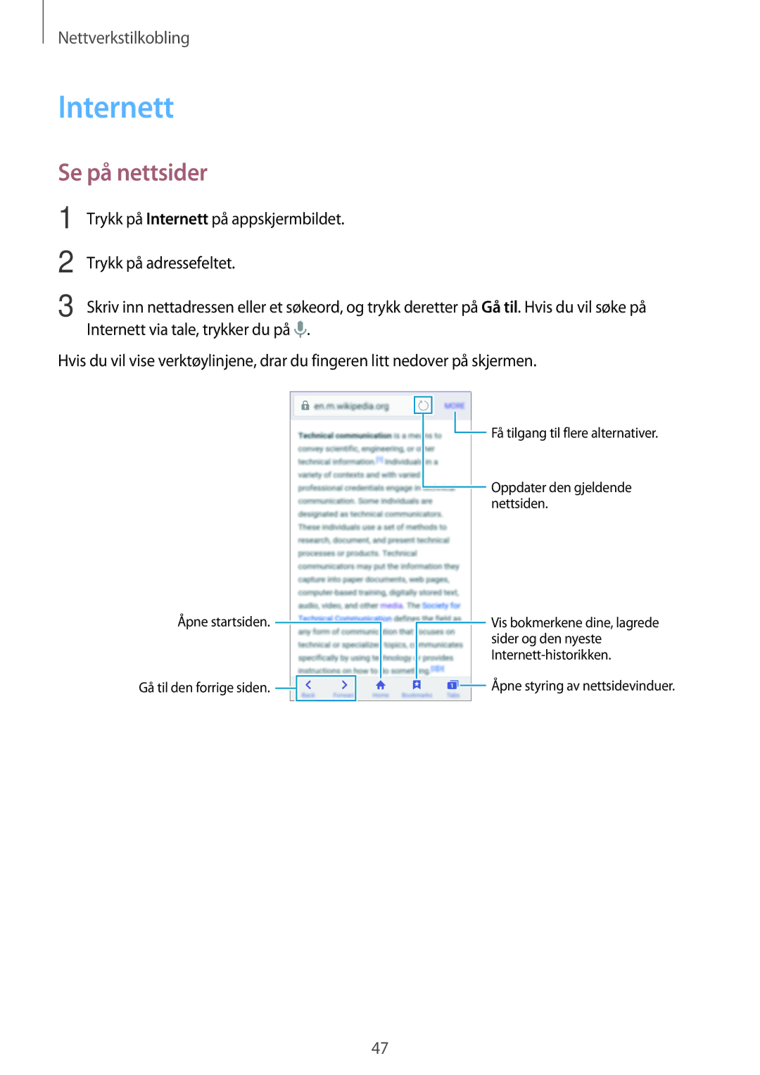 Samsung SM-G800FZDANEE, SM-G800FZWANEE, CG-G800FZKRNEE, SM-G800FZKANEE, SM-G800FZBANEE manual Internett, Se på nettsider 