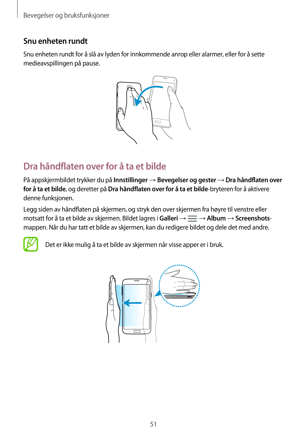 Samsung CG-G800FZKRNEE, SM-G800FZWANEE, SM-G800FZDANEE manual Dra håndflaten over for å ta et bilde, Snu enheten rundt 