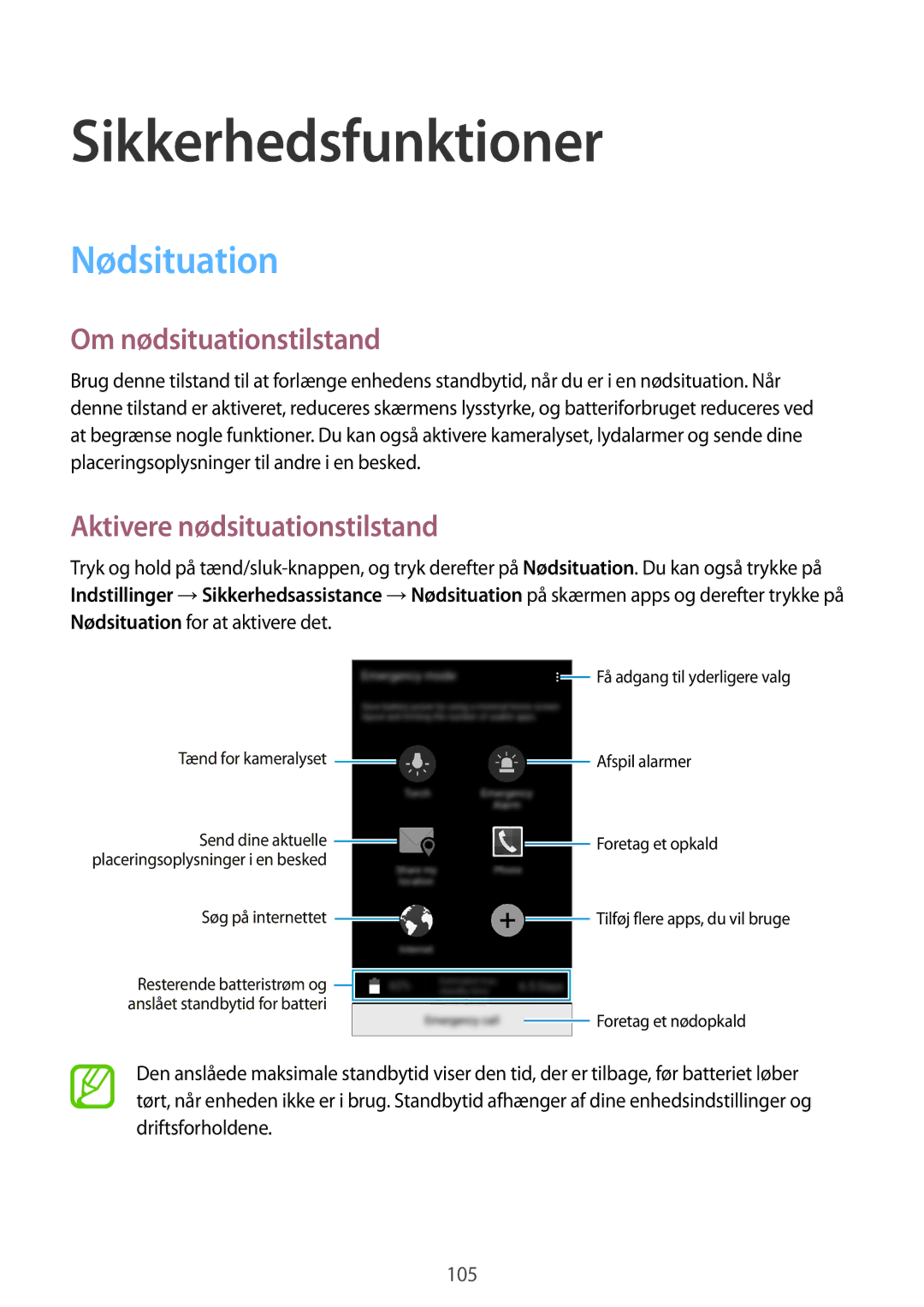 Samsung SM-G800FZWANEE manual Sikkerhedsfunktioner, Nødsituation, Om nødsituationstilstand, Aktivere nødsituationstilstand 