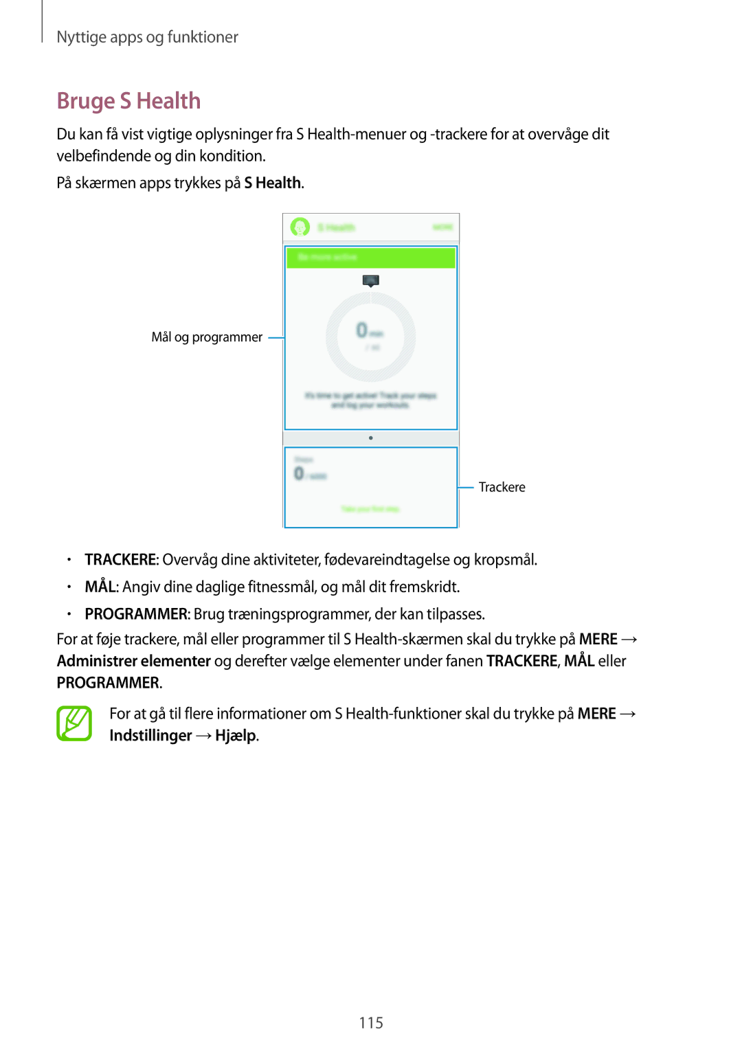 Samsung SM-G800FZWANEE, CG-G800FZKRNEE, SM-G800FZDANEE, SM-G800FZKANEE, SM-G800FZBANEE manual Bruge S Health, Programmer 