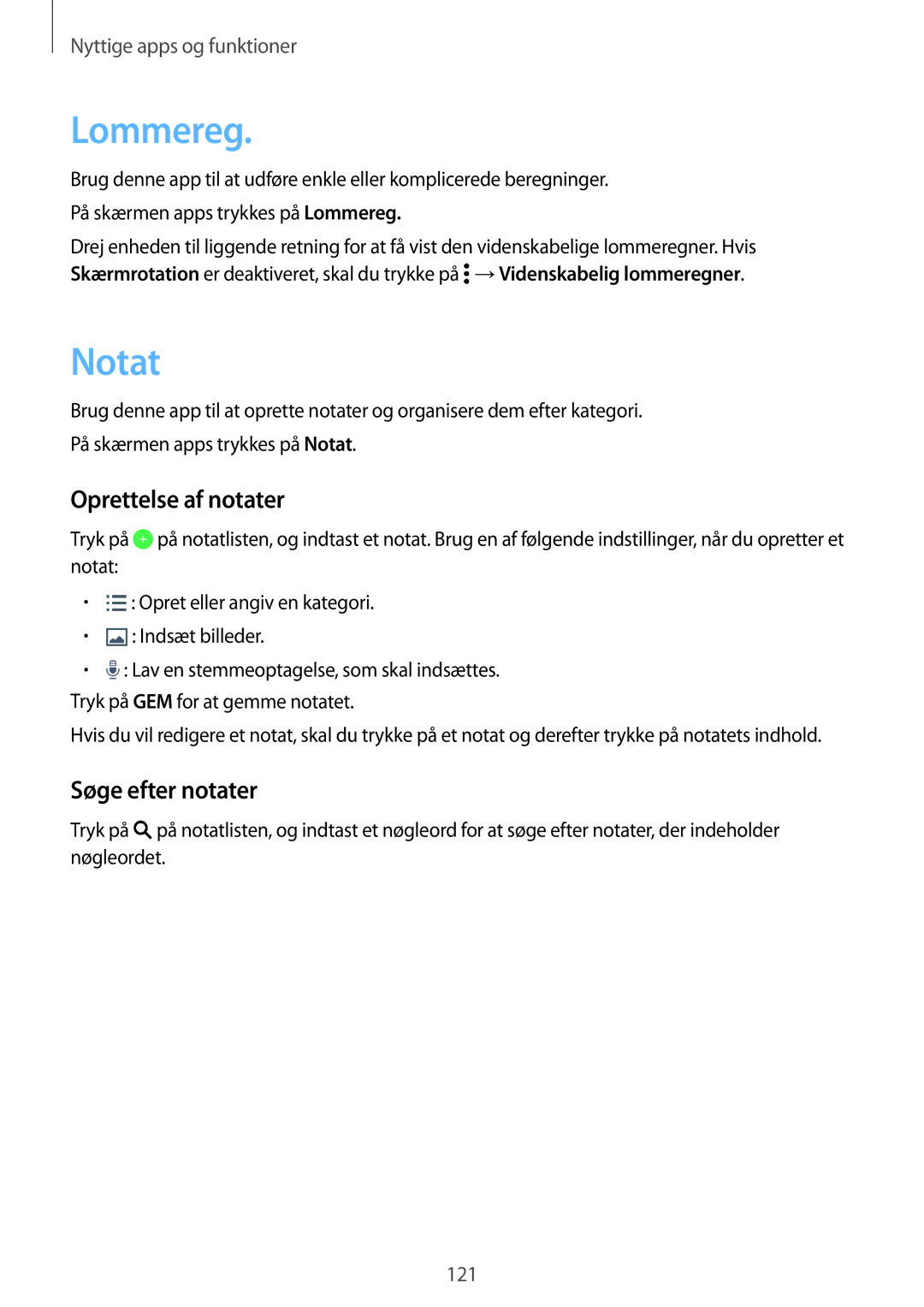 Samsung CG-G800FZKRNEE, SM-G800FZWANEE, SM-G800FZDANEE manual Lommereg, Notat, Oprettelse af notater, Søge efter notater 