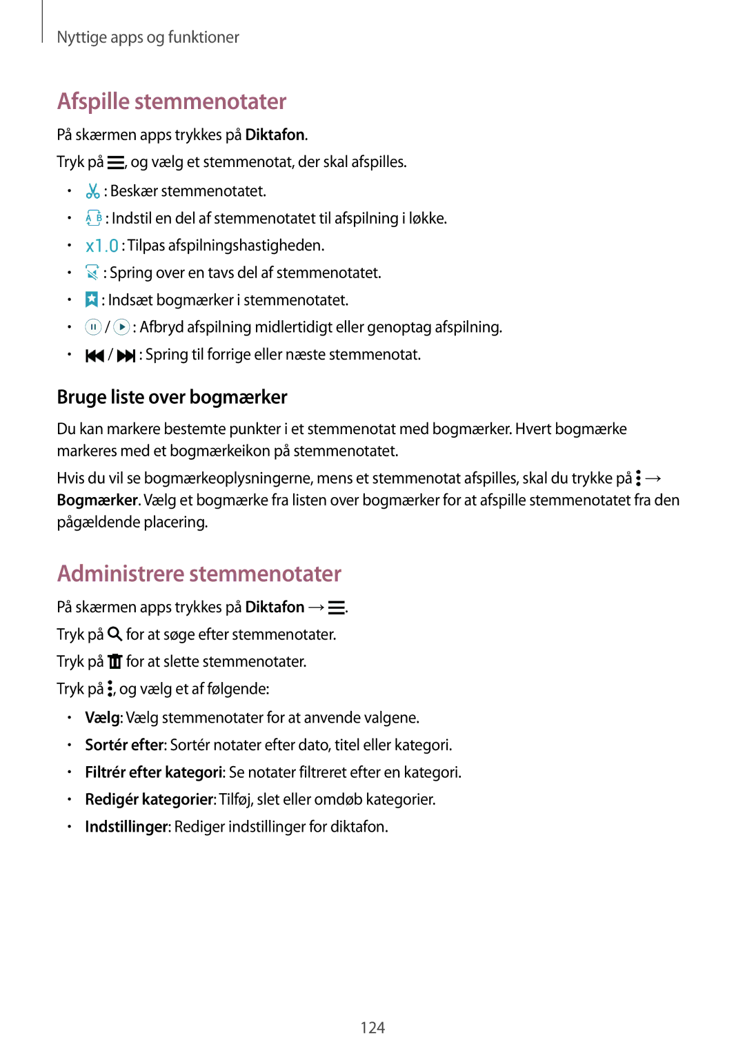 Samsung SM-G800FZBANEE, SM-G800FZWANEE manual Afspille stemmenotater, Administrere stemmenotater, Bruge liste over bogmærker 