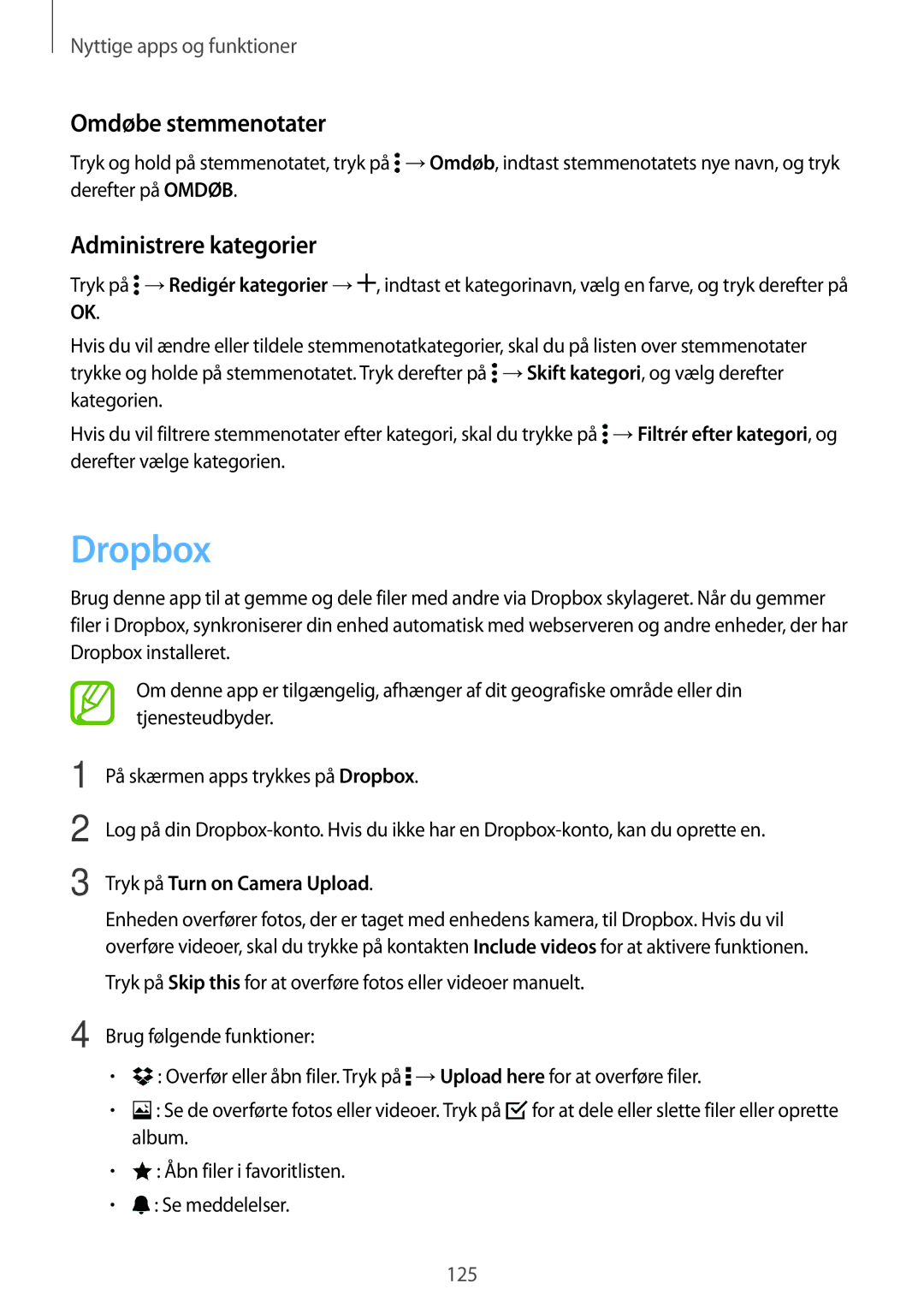 Samsung SM-G800FZWANEE manual Dropbox, Omdøbe stemmenotater, Administrere kategorier, Tryk på Turn on Camera Upload 