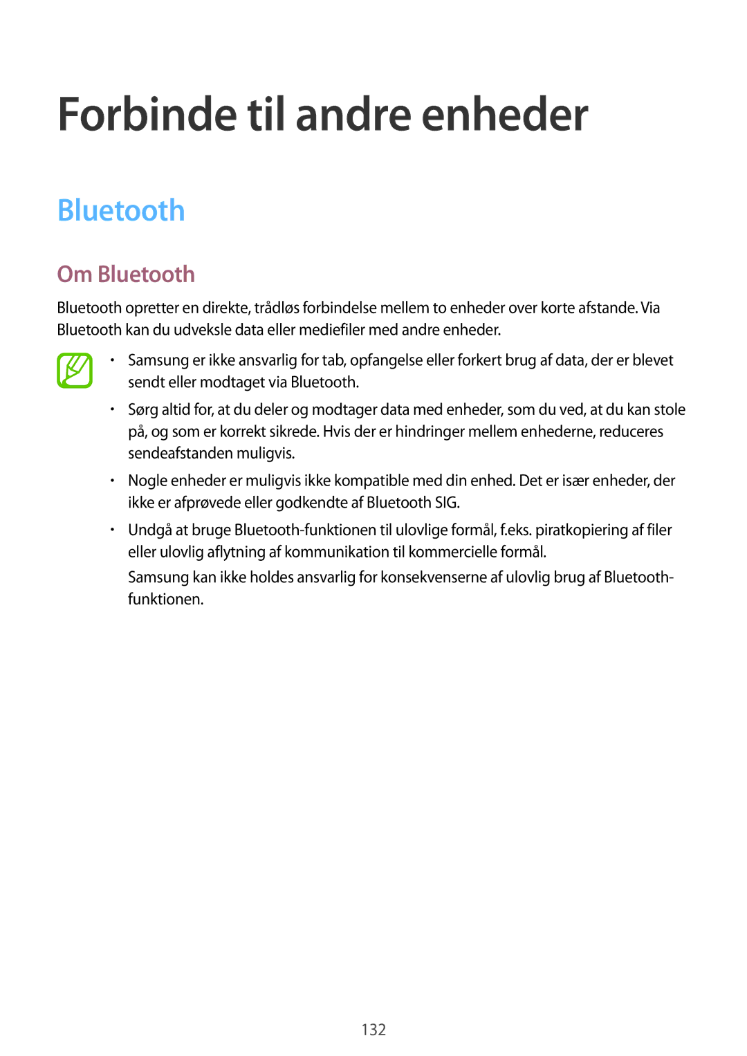 Samsung SM-G800FZDANEE, SM-G800FZWANEE, CG-G800FZKRNEE, SM-G800FZKANEE manual Forbinde til andre enheder, Om Bluetooth 