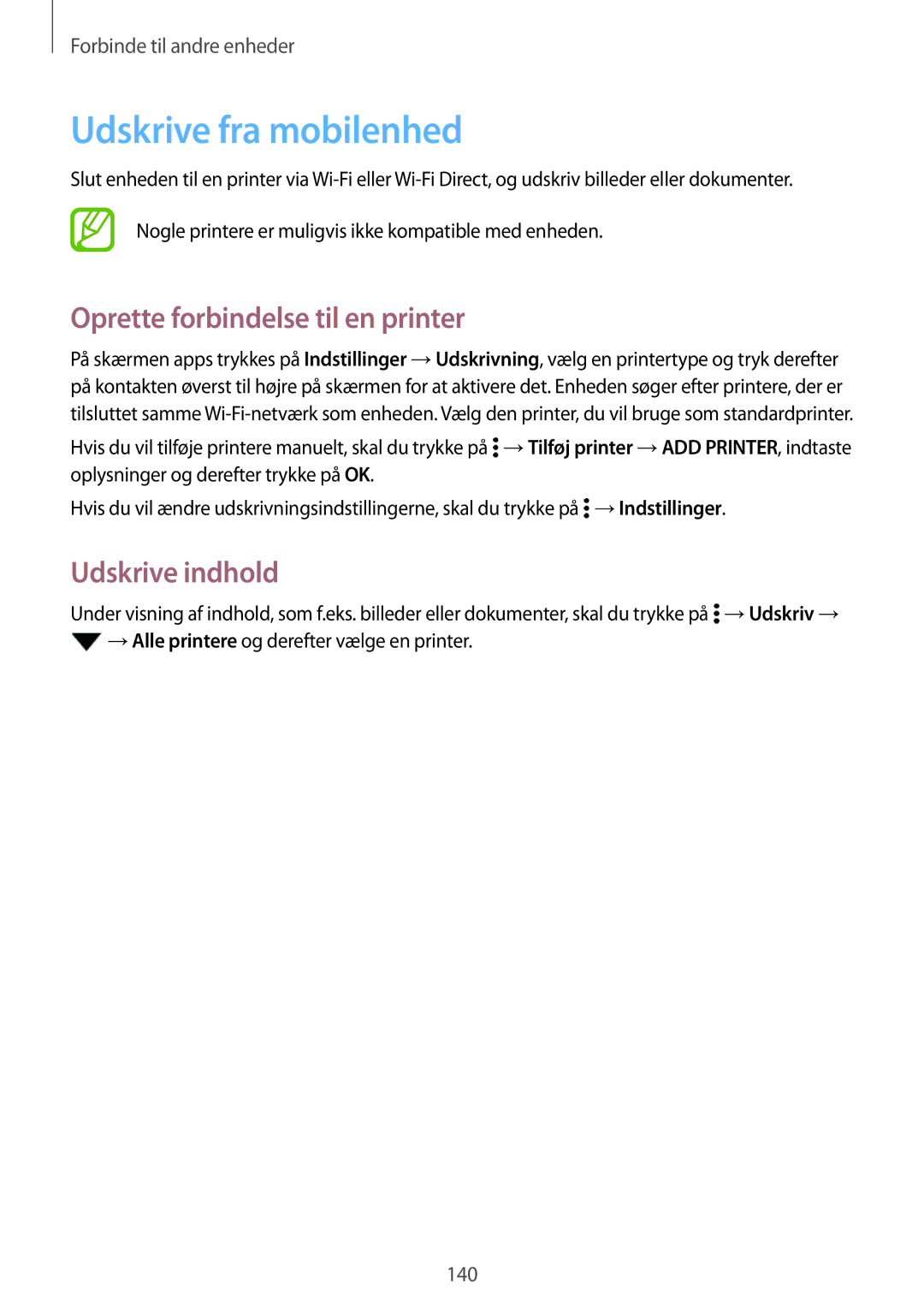 Samsung SM-G800FZWANEE, CG-G800FZKRNEE manual Udskrive fra mobilenhed, Oprette forbindelse til en printer, Udskrive indhold 