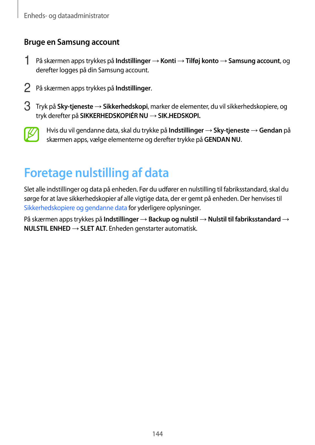 Samsung SM-G800FZBANEE, SM-G800FZWANEE, CG-G800FZKRNEE manual Foretage nulstilling af data, Bruge en Samsung account 