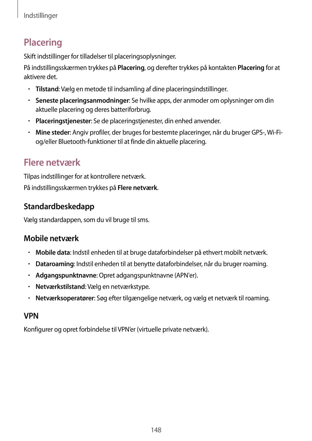 Samsung SM-G800FZKANEE, SM-G800FZWANEE, CG-G800FZKRNEE manual Placering, Flere netværk, Standardbeskedapp, Mobile netværk 