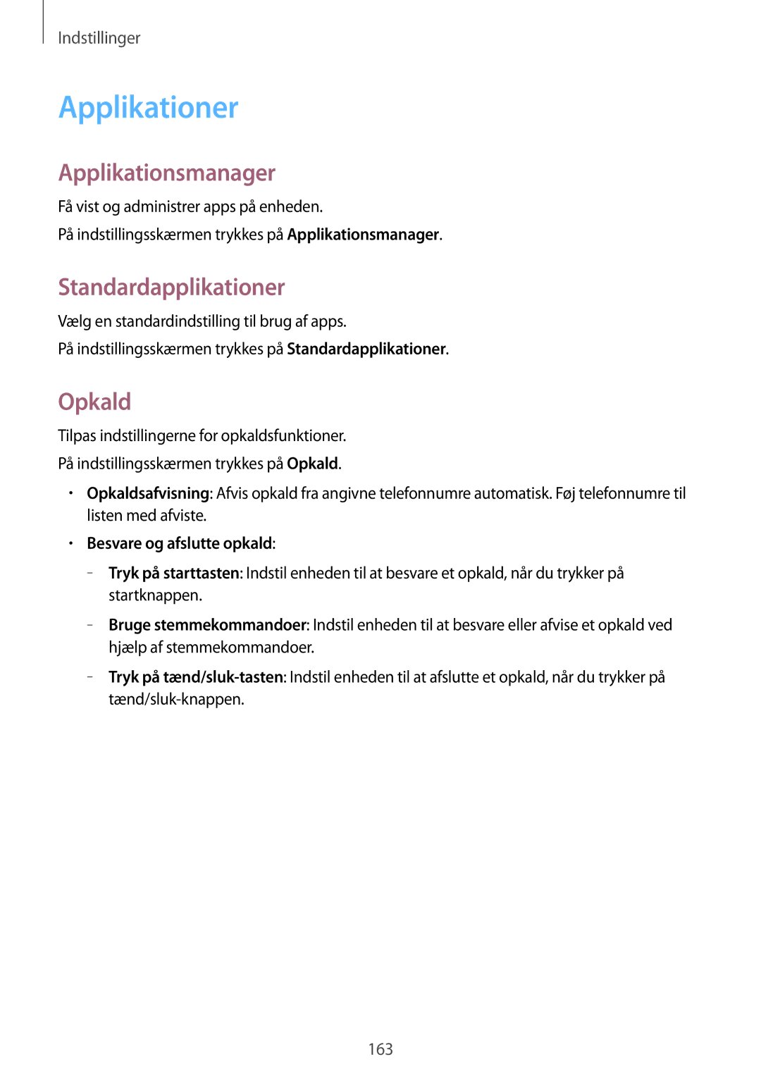 Samsung SM-G800FZKANEE manual Applikationer, Applikationsmanager, Standardapplikationer, Opkald, Besvare og afslutte opkald 