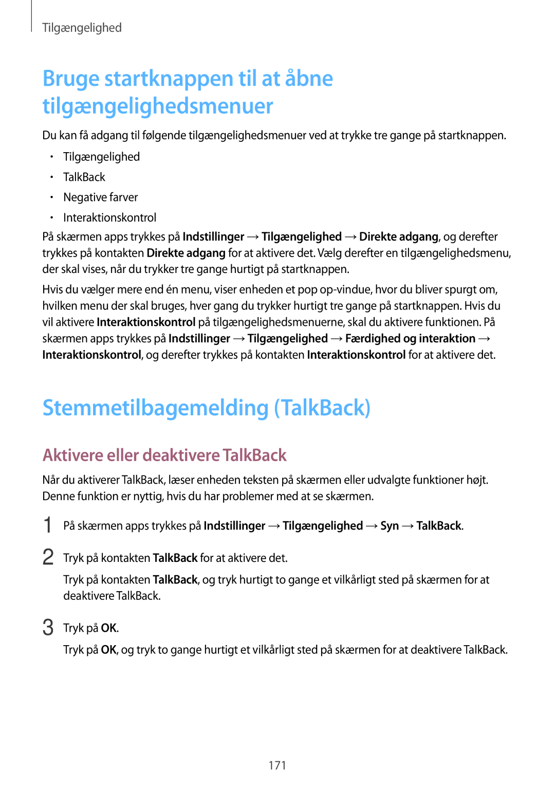 Samsung CG-G800FZKRNEE, SM-G800FZWANEE, SM-G800FZDANEE Stemmetilbagemelding TalkBack, Aktivere eller deaktivere TalkBack 