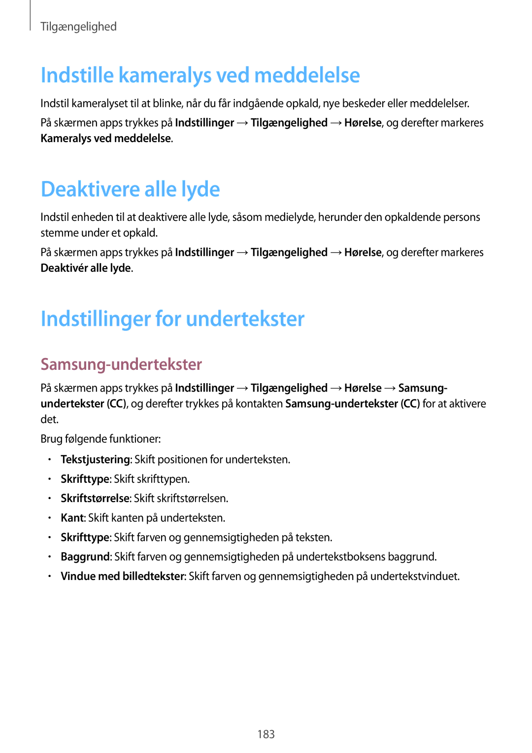 Samsung SM-G800FZKANEE manual Indstille kameralys ved meddelelse, Deaktivere alle lyde, Indstillinger for undertekster 