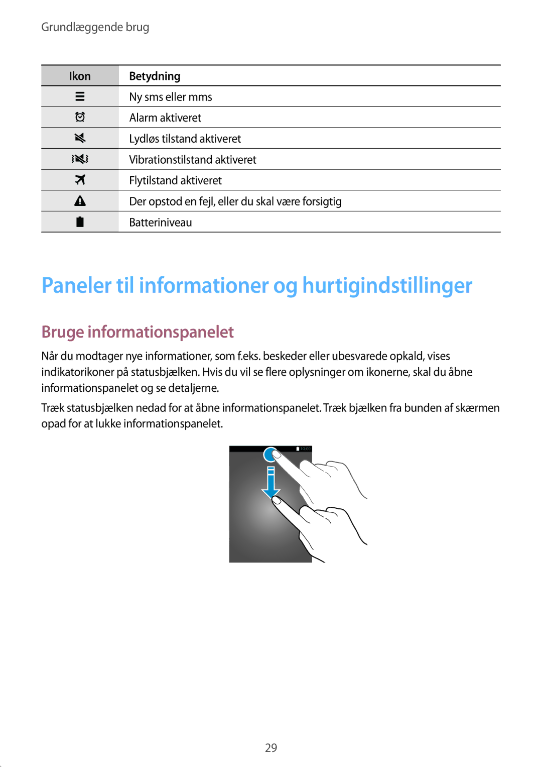 Samsung SM-G800FZBANEE, SM-G800FZWANEE manual Paneler til informationer og hurtigindstillinger, Bruge informationspanelet 