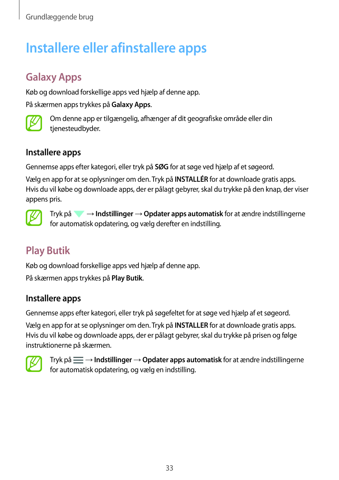 Samsung SM-G800FZKANEE, SM-G800FZWANEE manual Installere eller afinstallere apps, Galaxy Apps, Play Butik, Installere apps 