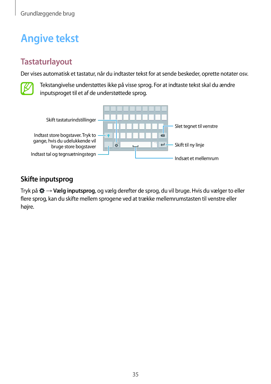 Samsung SM-G800FZWANEE, CG-G800FZKRNEE, SM-G800FZDANEE, SM-G800FZKANEE manual Angive tekst, Tastaturlayout, Skifte inputsprog 