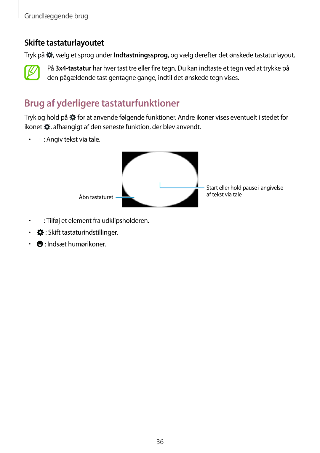 Samsung CG-G800FZKRNEE, SM-G800FZWANEE, SM-G800FZDANEE manual Brug af yderligere tastaturfunktioner, Skifte tastaturlayoutet 