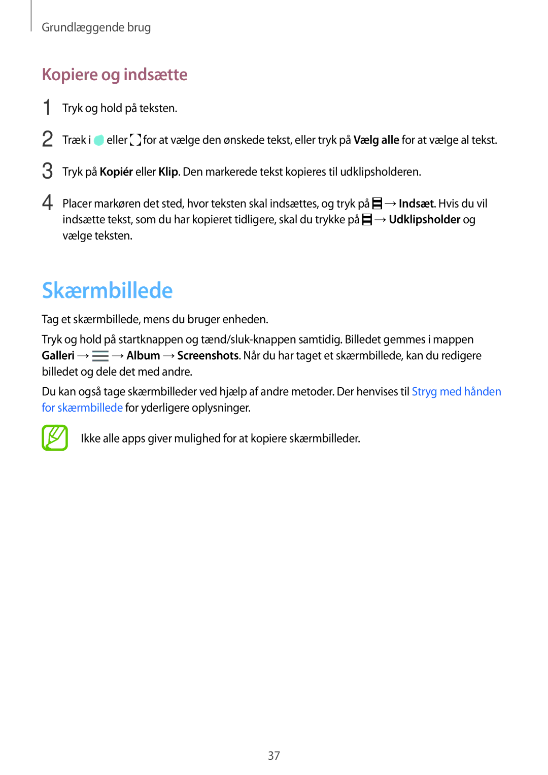 Samsung SM-G800FZDANEE, SM-G800FZWANEE, CG-G800FZKRNEE, SM-G800FZKANEE, SM-G800FZBANEE manual Skærmbillede, Kopiere og indsætte 