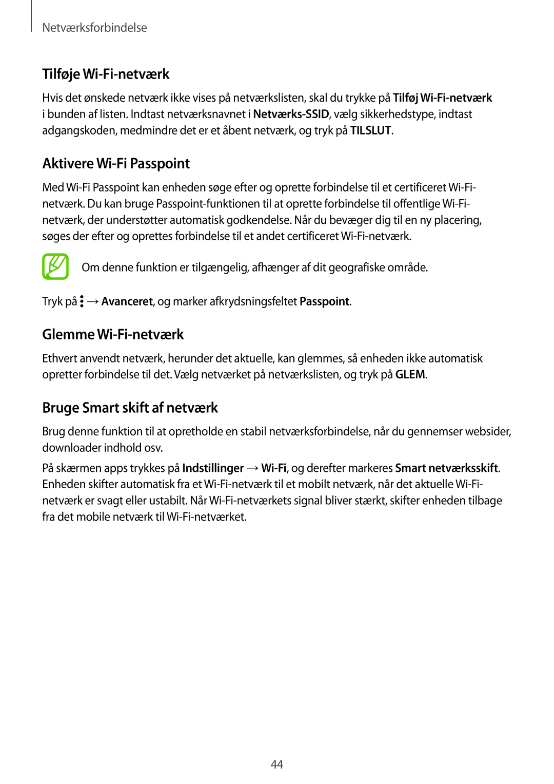 Samsung SM-G800FZBANEE Tilføje Wi-Fi-netværk, Aktivere Wi-Fi Passpoint, Glemme Wi-Fi-netværk, Bruge Smart skift af netværk 