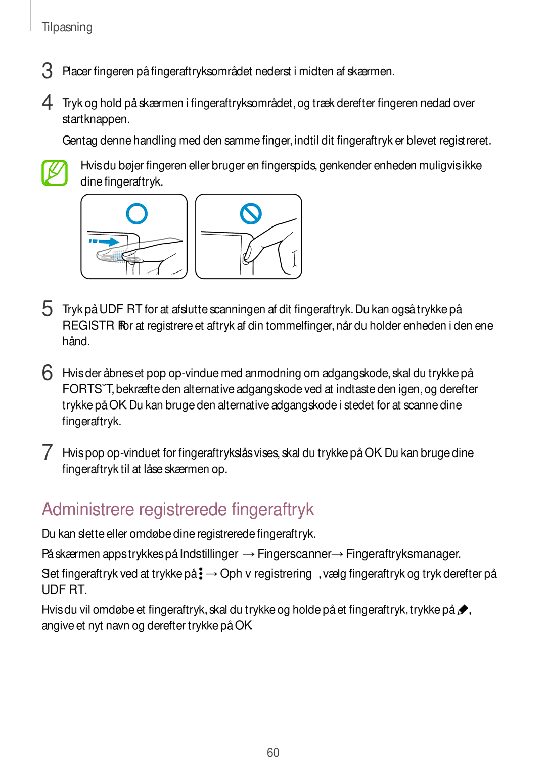 Samsung SM-G800FZWANEE, CG-G800FZKRNEE, SM-G800FZDANEE, SM-G800FZKANEE manual Administrere registrerede fingeraftryk, Udført 