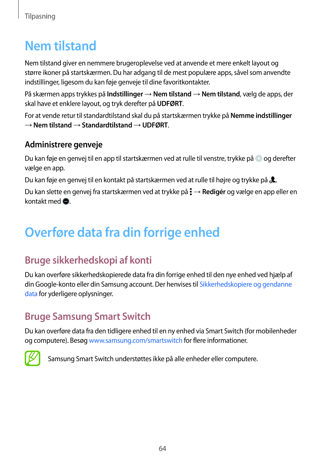 Samsung SM-G800FZBANEE, SM-G800FZWANEE Nem tilstand, Overføre data fra din forrige enhed, Bruge sikkerhedskopi af konti 