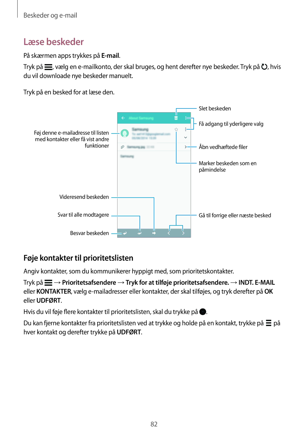 Samsung SM-G800FZDANEE, SM-G800FZWANEE, CG-G800FZKRNEE, SM-G800FZKANEE Læse beskeder, Føje kontakter til prioritetslisten 