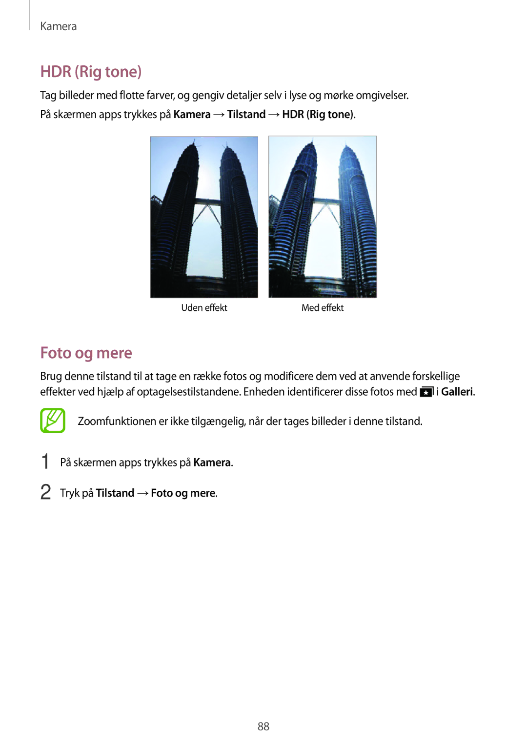Samsung SM-G800FZKANEE, SM-G800FZWANEE, CG-G800FZKRNEE, SM-G800FZDANEE manual HDR Rig tone, Tryk på Tilstand →Foto og mere 