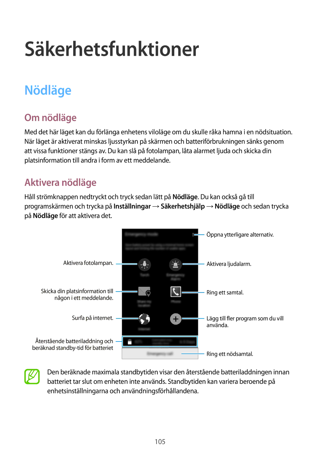 Samsung SM-G800FZWANEE, CG-G800FZKRNEE, SM-G800FZDANEE manual Säkerhetsfunktioner, Nödläge, Om nödläge, Aktivera nödläge 