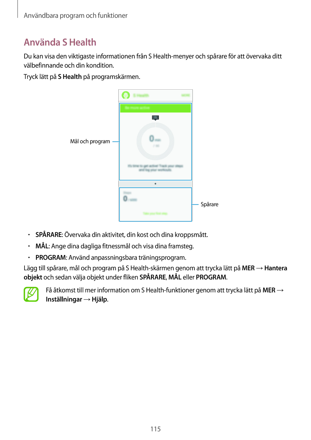 Samsung SM-G800FZWANEE, CG-G800FZKRNEE, SM-G800FZDANEE, SM-G800FZKANEE, SM-G800FZBANEE manual Använda S Health 