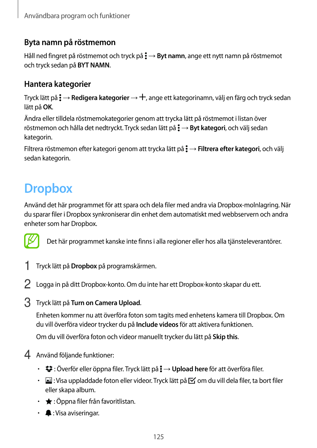 Samsung SM-G800FZWANEE manual Dropbox, Byta namn på röstmemon, Hantera kategorier, Tryck lätt på Turn on Camera Upload 