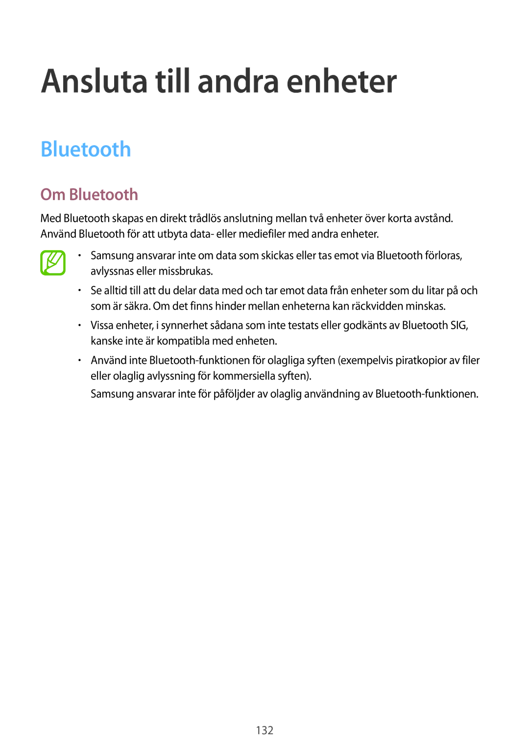 Samsung SM-G800FZDANEE, SM-G800FZWANEE, CG-G800FZKRNEE, SM-G800FZKANEE manual Ansluta till andra enheter, Om Bluetooth 