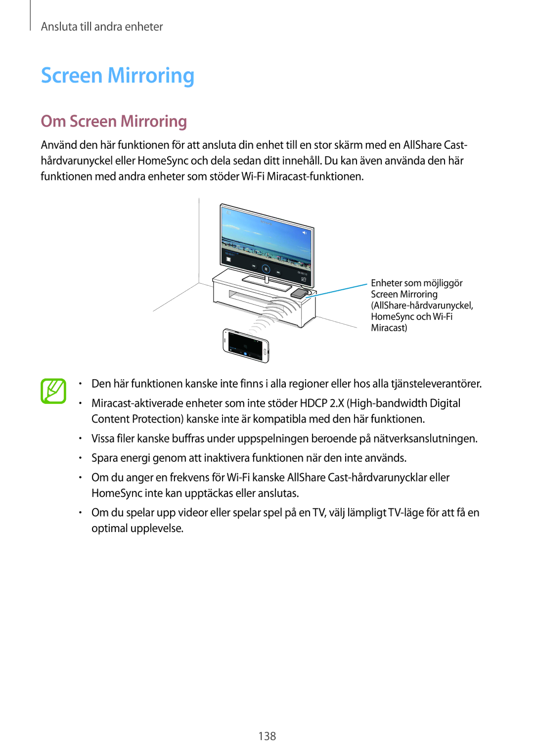 Samsung SM-G800FZKANEE, SM-G800FZWANEE, CG-G800FZKRNEE, SM-G800FZDANEE, SM-G800FZBANEE manual Om Screen Mirroring 