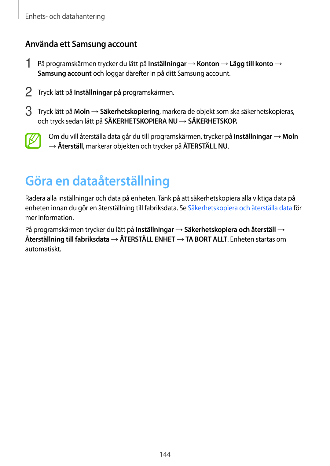 Samsung SM-G800FZBANEE, SM-G800FZWANEE, CG-G800FZKRNEE manual Göra en dataåterställning, Använda ett Samsung account 