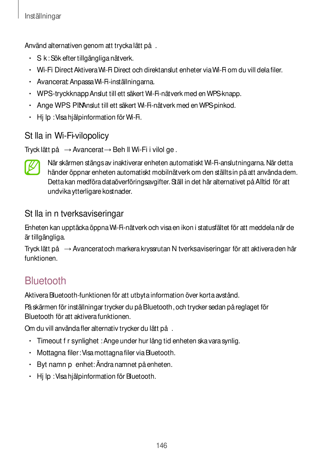 Samsung CG-G800FZKRNEE, SM-G800FZWANEE, SM-G800FZDANEE Bluetooth, Ställa in Wi-Fi-vilopolicy, Ställa in nätverksaviseringar 