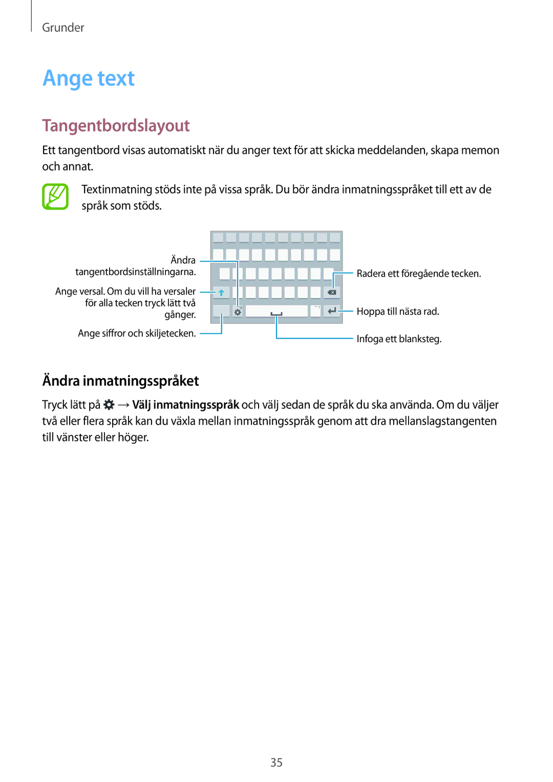 Samsung SM-G800FZWANEE, CG-G800FZKRNEE, SM-G800FZDANEE manual Ange text, Tangentbordslayout, Ändra inmatningsspråket 