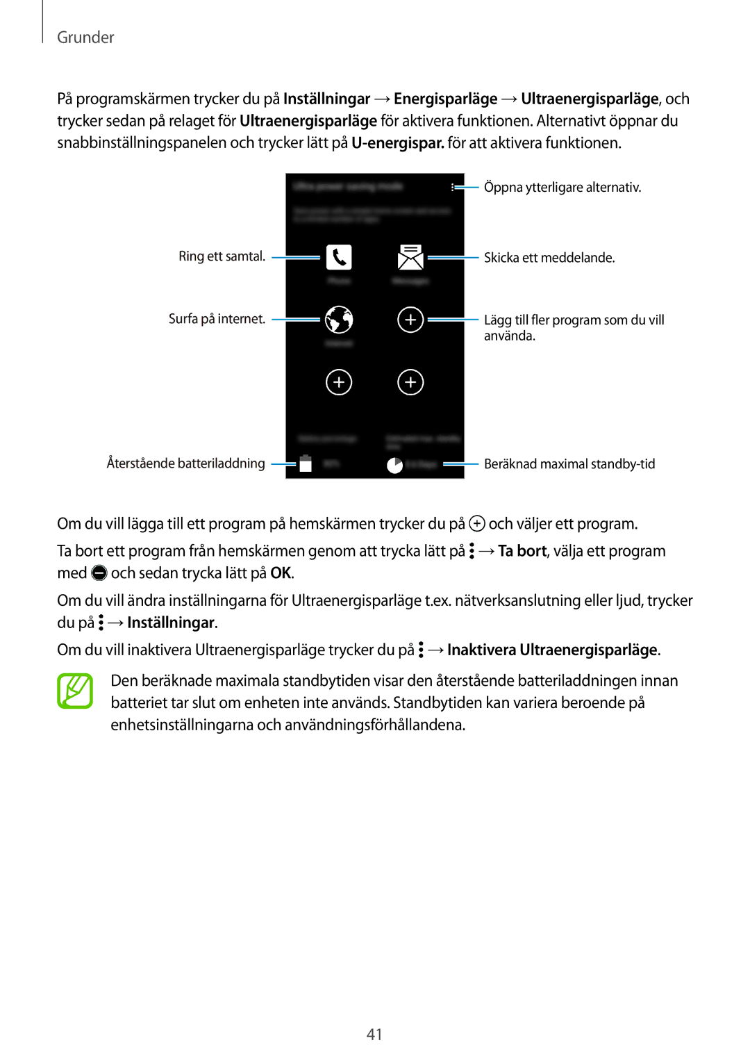 Samsung CG-G800FZKRNEE, SM-G800FZWANEE, SM-G800FZDANEE manual Återstående batteriladdning Beräknad maximal standby-tid 