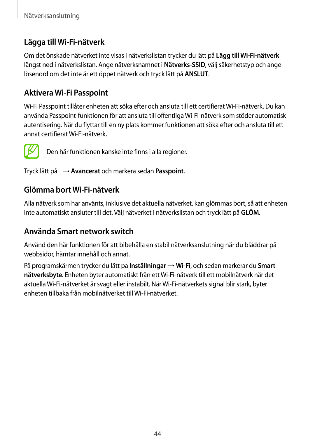 Samsung SM-G800FZBANEE, SM-G800FZWANEE manual Lägga till Wi-Fi-nätverk, Aktivera Wi-Fi Passpoint, Glömma bort Wi-Fi-nätverk 