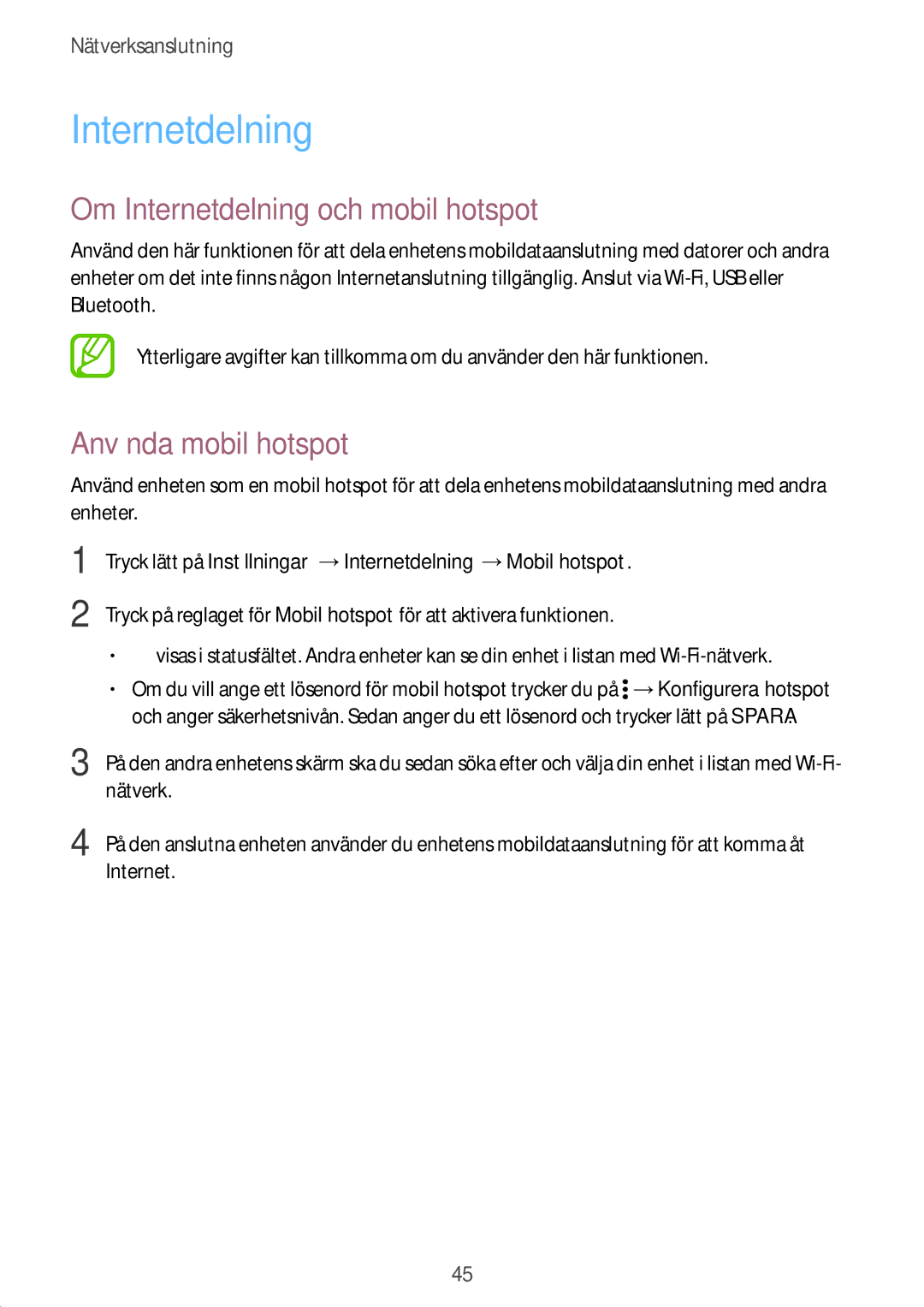 Samsung SM-G800FZWANEE, CG-G800FZKRNEE, SM-G800FZDANEE manual Om Internetdelning och mobil hotspot, Använda mobil hotspot 